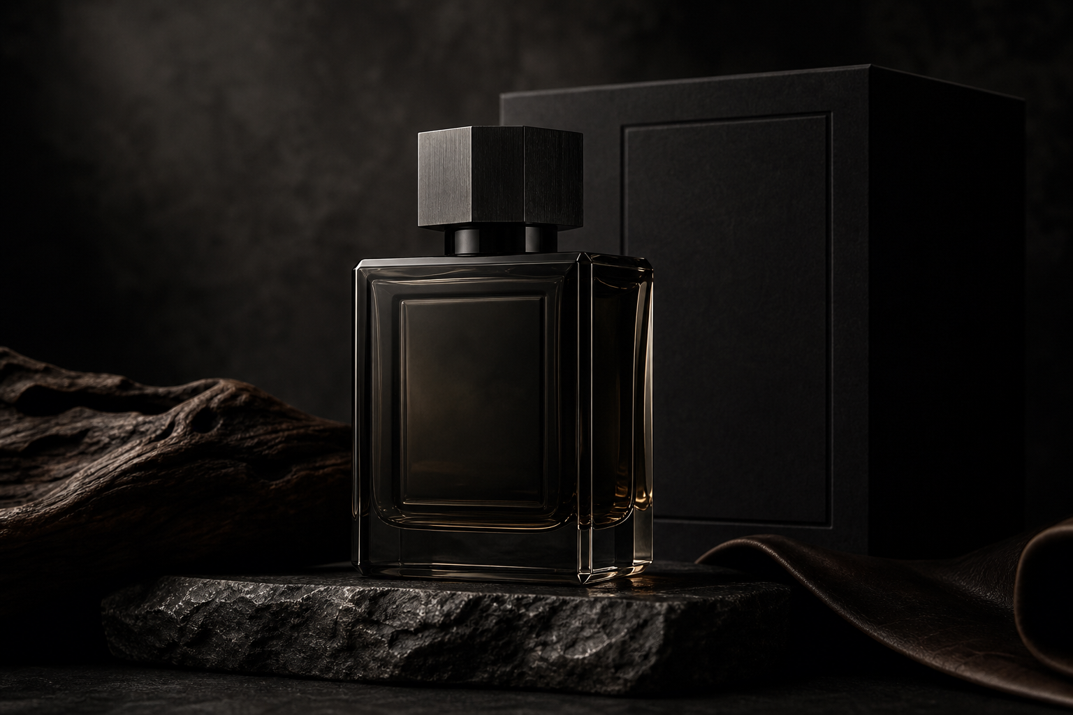 Heavy dark glass perfume bottle on charcoal stone with matte black packaging