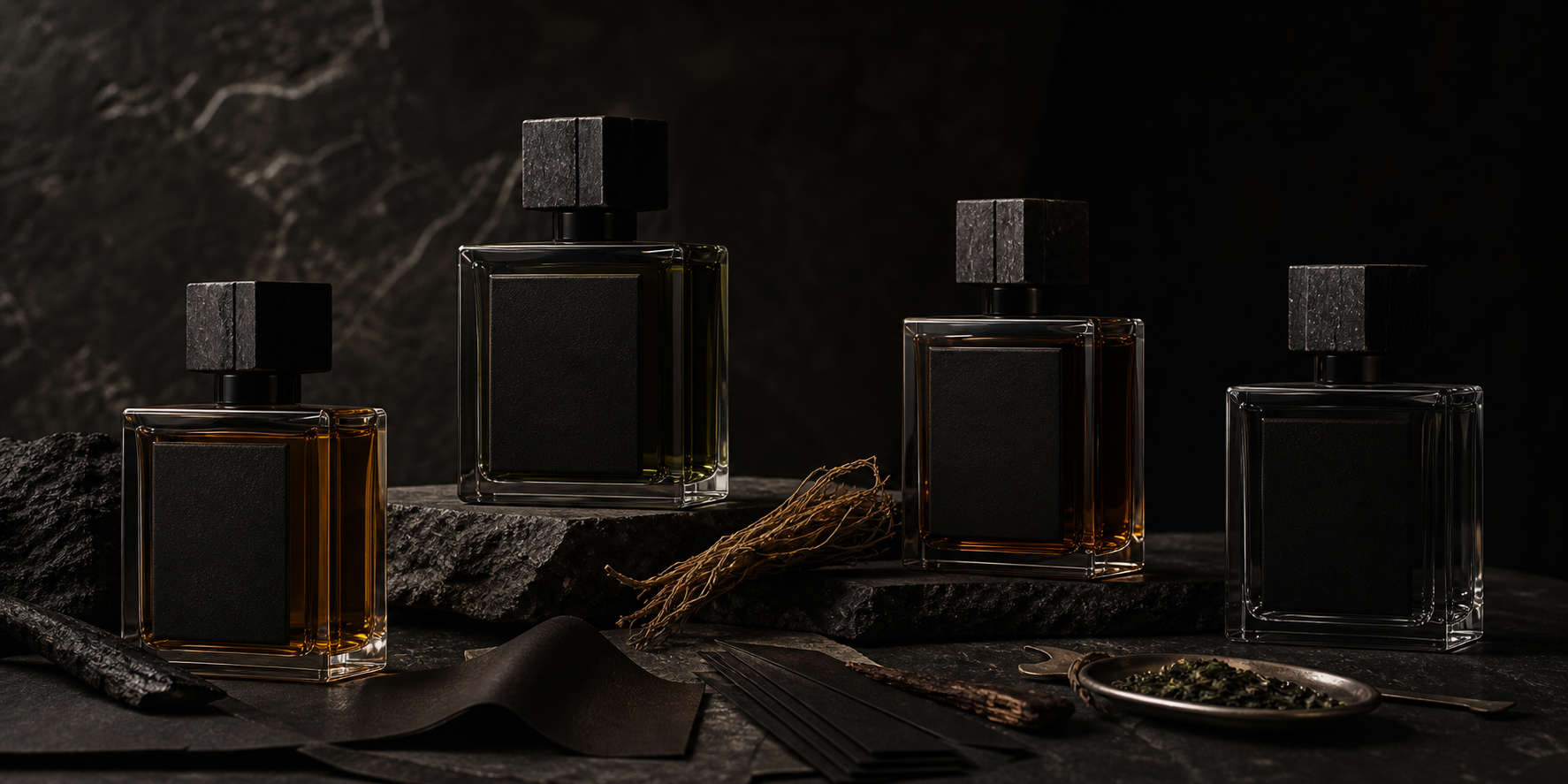 Four dark architectural perfume bottles arranged with stone, blotters, leather, and raw materials